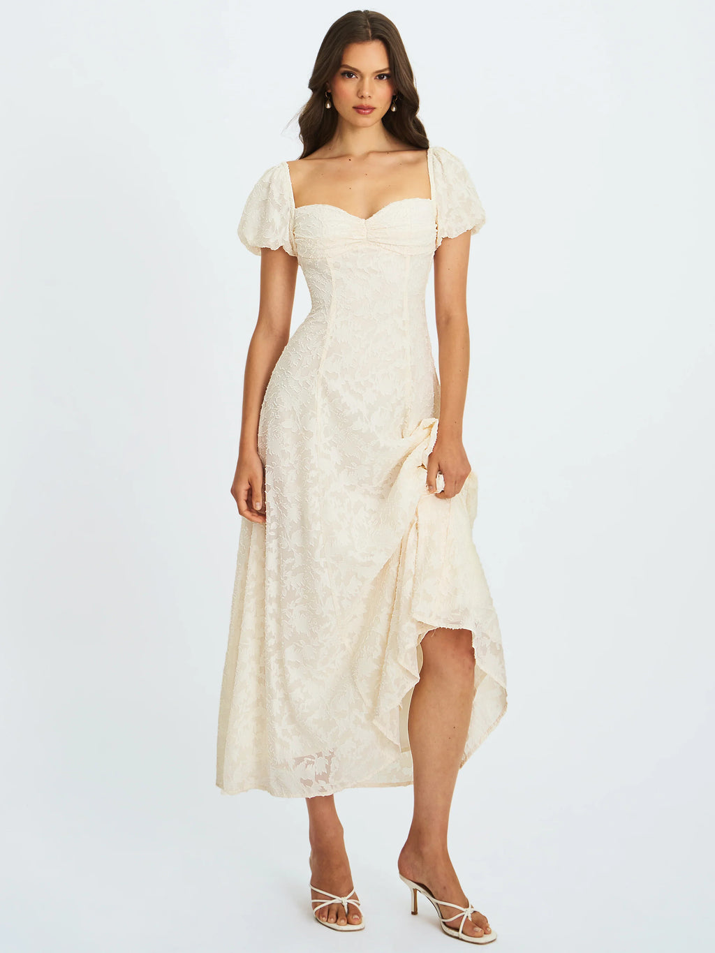 Ivory Floral Lace Puff Sleeve Midi Dress with Lace-Up Back | Sweetheart Bridal Dress