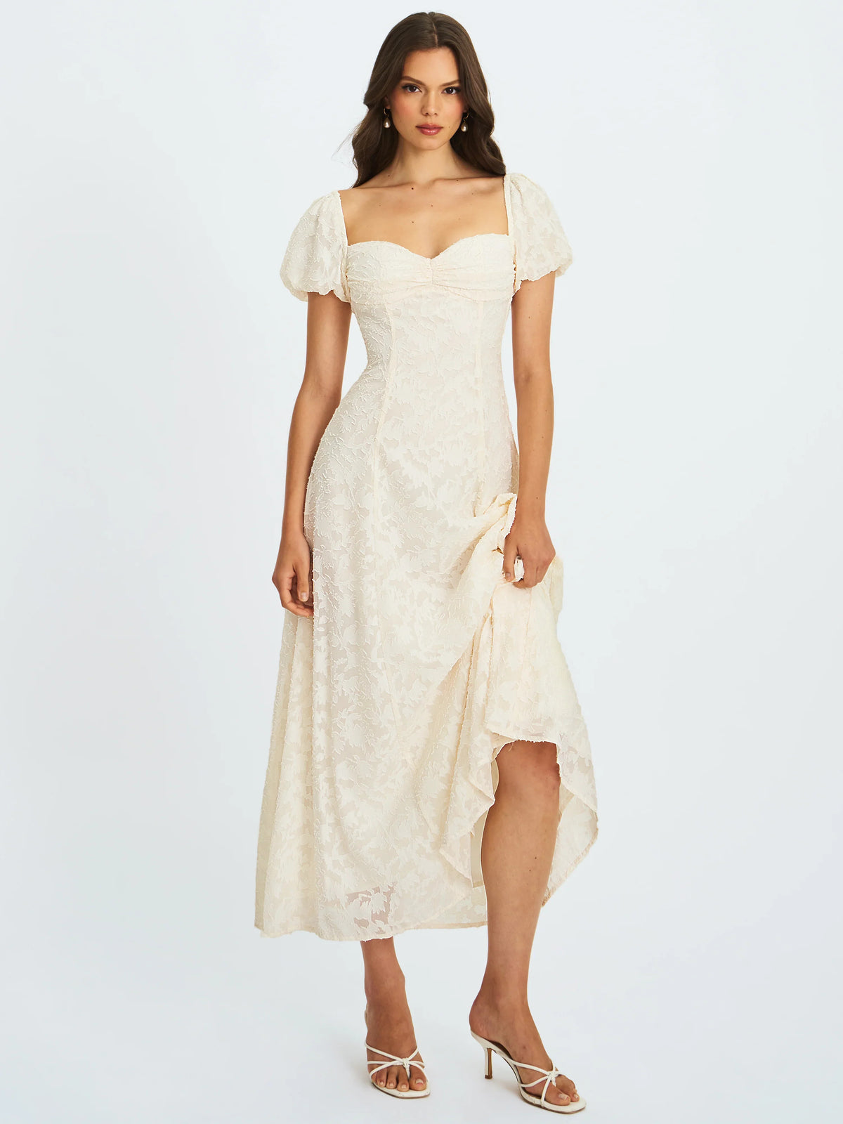 Ivory Floral Lace Puff Sleeve Midi Dress with Lace-Up Back | Sweetheart Bridal Dress