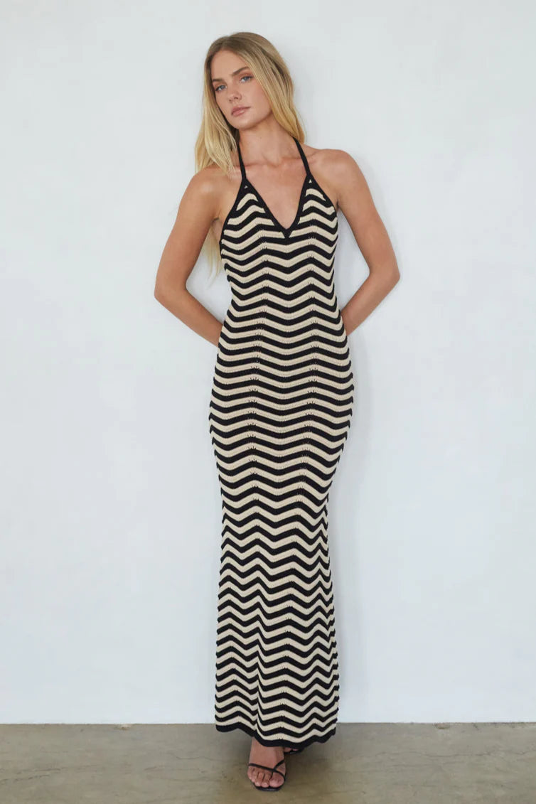 Black and Cream Chevron Halter Maxi Dress | Open-Back Knit Vacation Dress