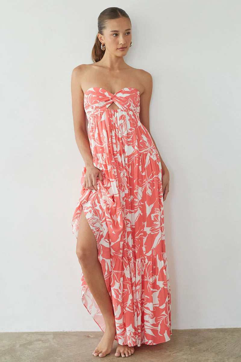 Floral Strapless Maxi Dress | Twist-Front Cutout Tiered Vacation Sundress