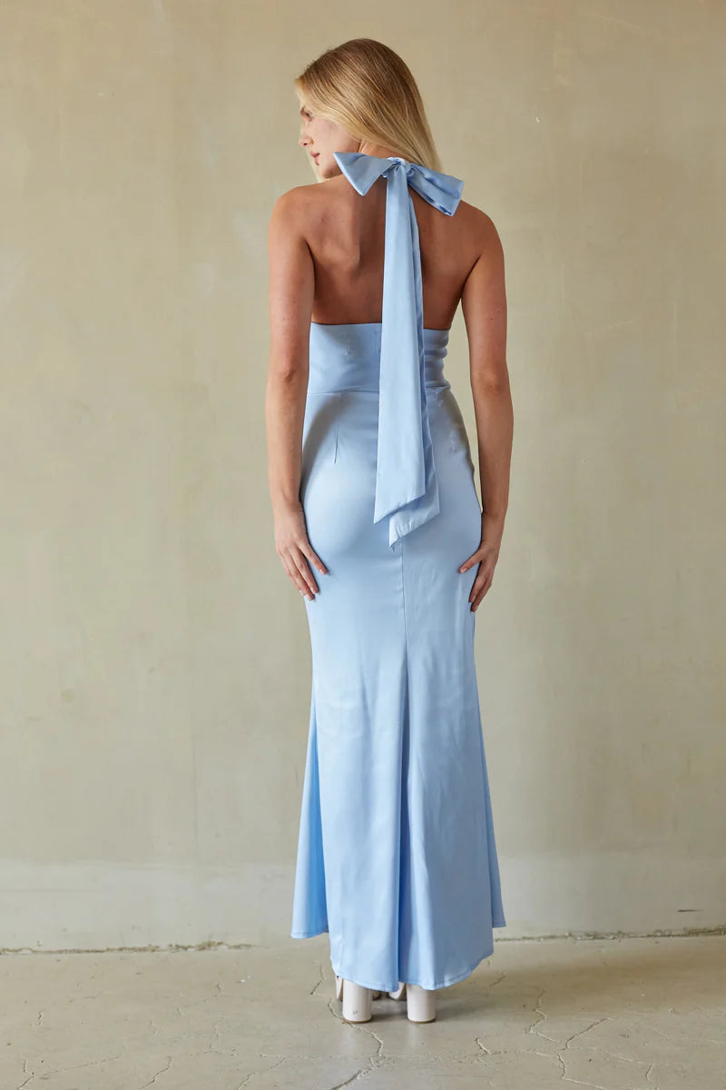 Halter Bow-Back Maxi Dress | Deep V-Neck Ruched Satin-Look Evening Dress