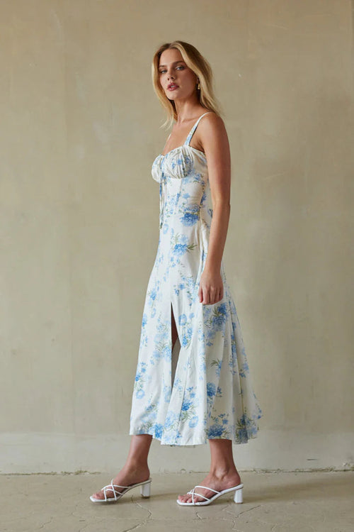 Blue Floral Corset Midi Dress | Lace-Up Back A-Line Sundress with Side Slit