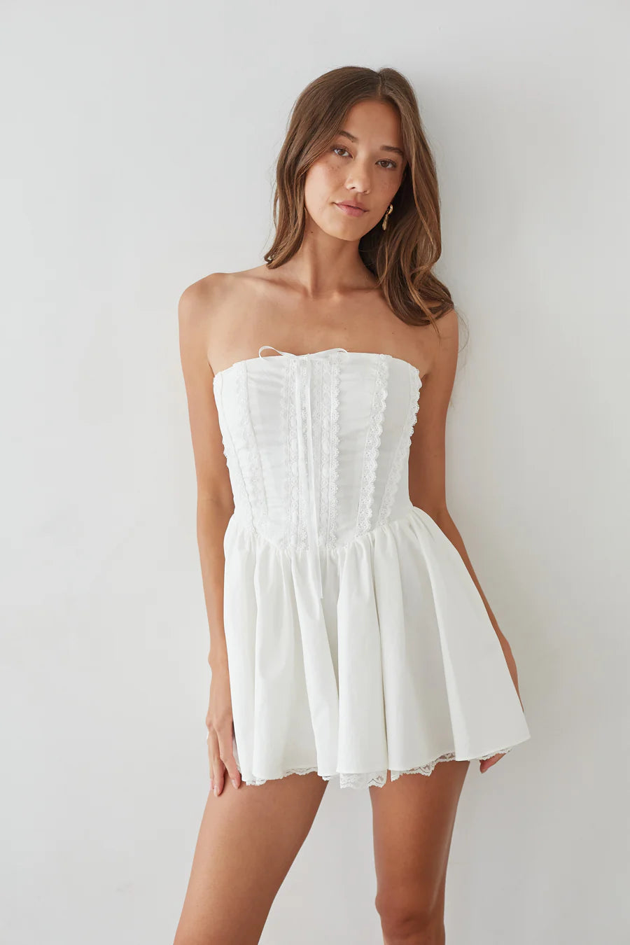 Strapless Lace-Trim Corset Mini Dress | Lace-Up Back Fit-and-Flare Sundress