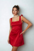 Red Bow-Shoulder Mini Dress | Square Neck Satin-Look Party Dress