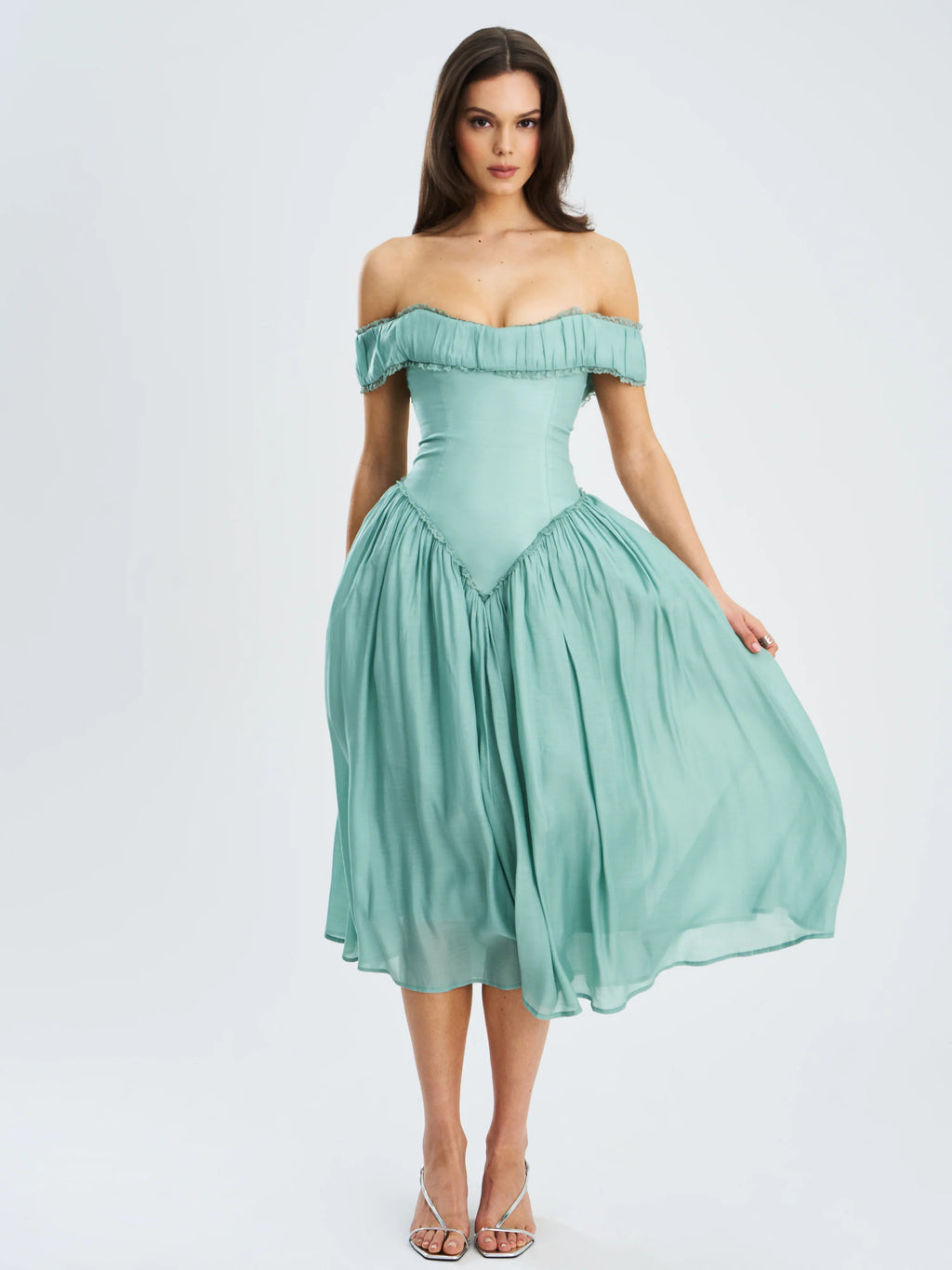 Seafoam Green Off-Shoulder Corset-Style Midi Dress | Lace-Trim A-Line Wedding Guest Dress