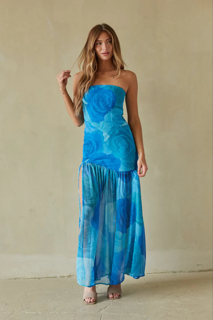 Blue Floral Strapless Maxi Dress | Drop-Waist Sheer Skirt High-Slit Occasion Dress