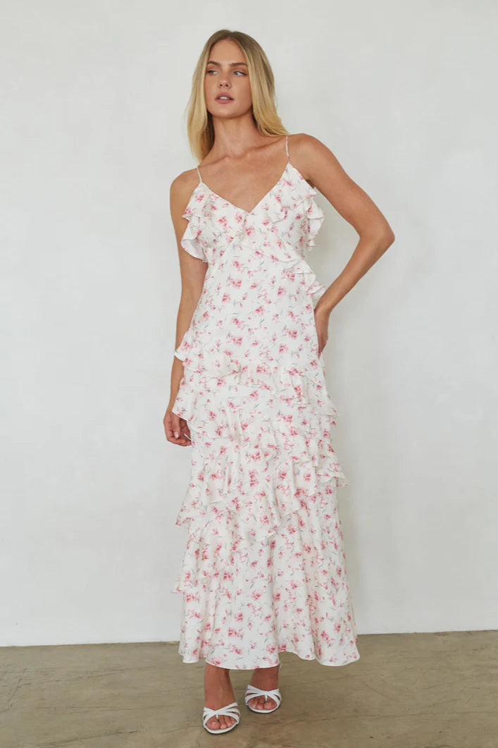 Ivory Pink Floral Ruffle Maxi Dress | V-Neck Spaghetti Strap Occasion Dress