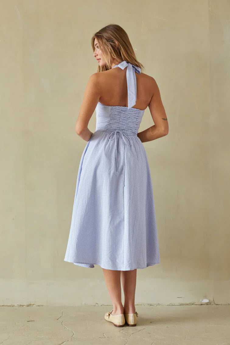 Gingham Halter Midi Dress | Lace-Up Back Corset-Style A-Line Sundress