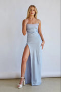 Light Blue Cowl Neck Maxi Dress | Lace-Up Open-Back High-Slit Evening Dress