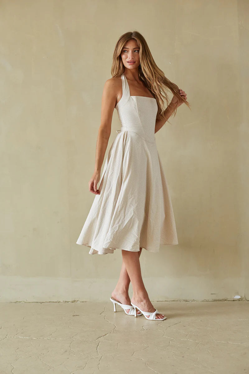 Gingham Halter Midi Dress | Lace-Up Back Corset-Style A-Line Sundress