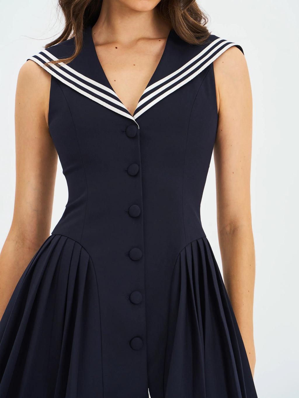 Navy Sailor Collar Mini Dress | Sleeveless Pleated A-Line Preppy Dress with White Trim