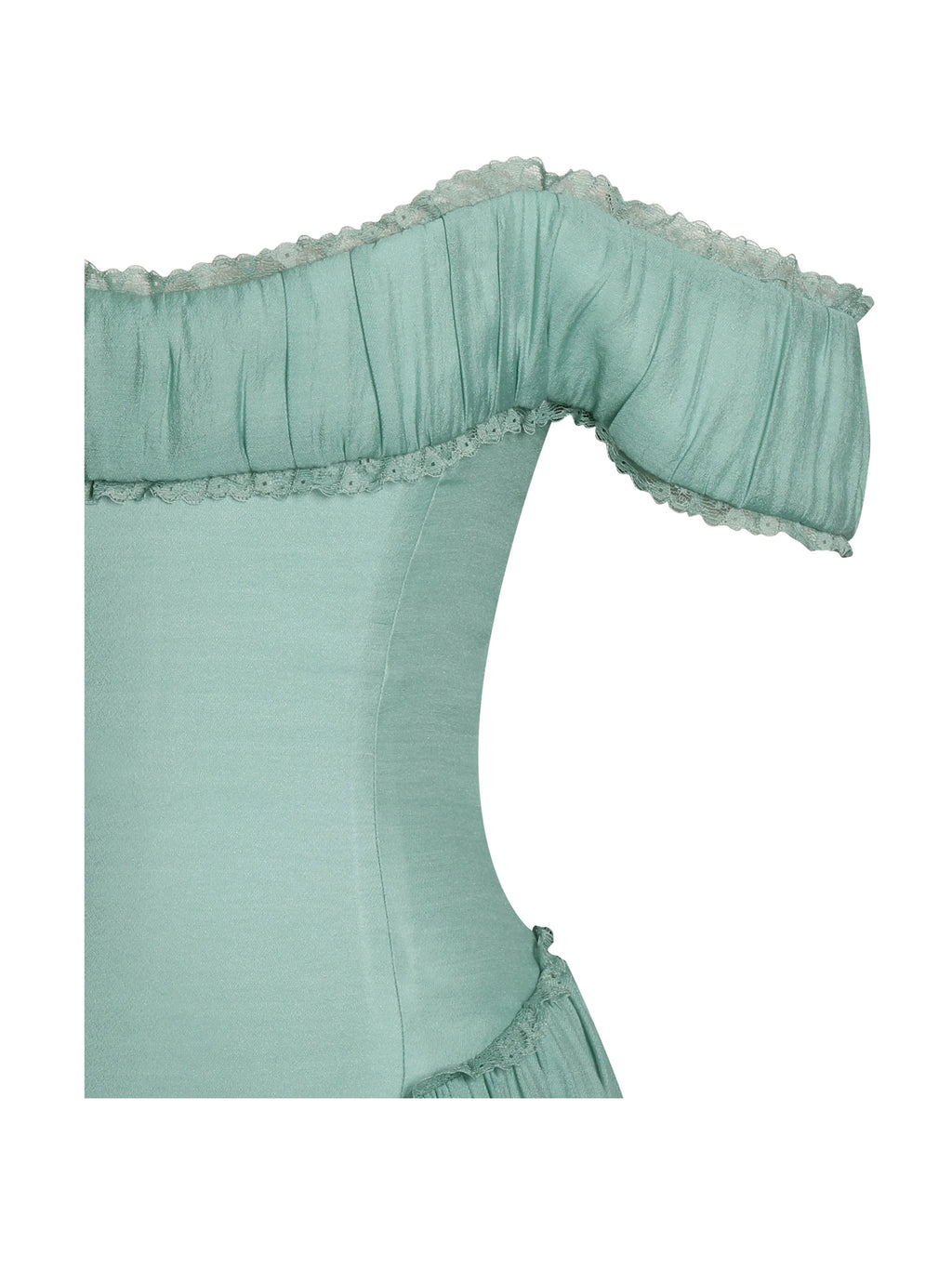 Seafoam Green Off-Shoulder Corset-Style Midi Dress | Lace-Trim A-Line Wedding Guest Dress