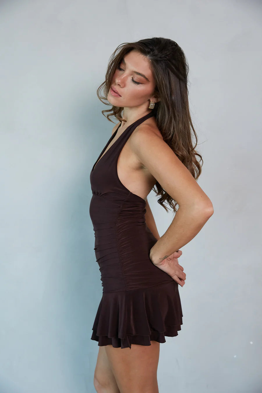 Chocolate Brown Halter Mini Dress | Deep V-Neck Ruched Open-Back Party Dress