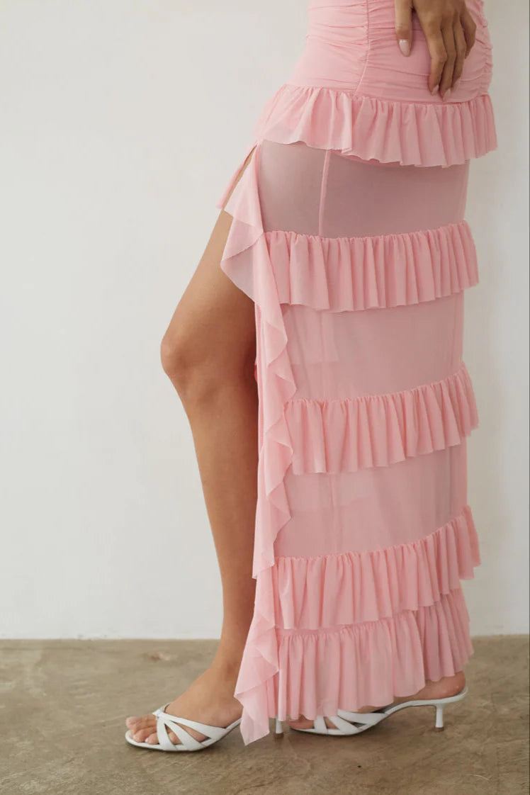Blush Pink Strapless Maxi Dress | Ruched Bodice Sheer Ruffle Skirt with High Slit
