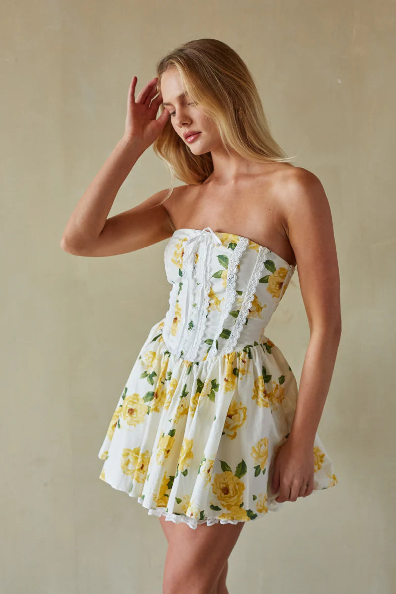 Strapless Lace-Trim Corset Mini Dress | Lace-Up Back Fit-and-Flare Sundress