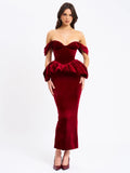 Burgundy Off-Shoulder Peplum Midi Dress | Sweetheart Neckline Formal Evening Dress